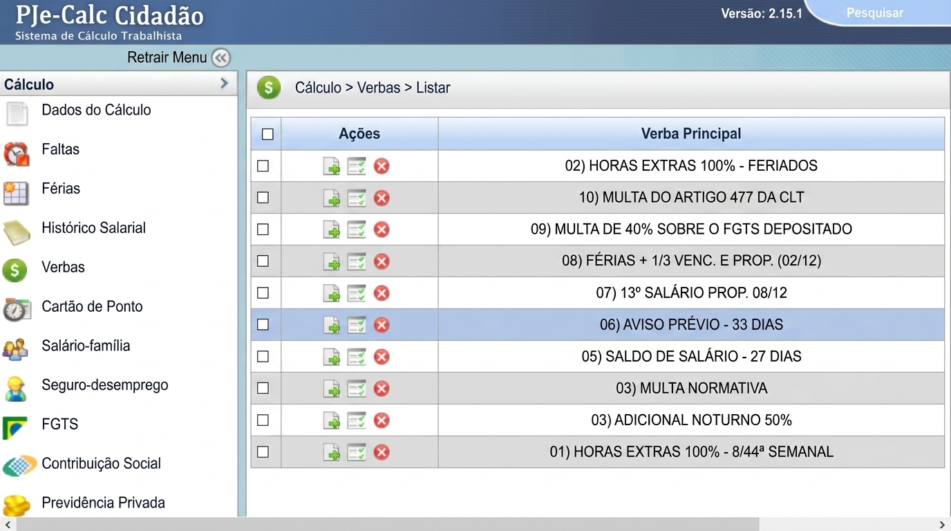 Interface PJe-Calc Cidadão — Listagem de Verbas Trabalhistas